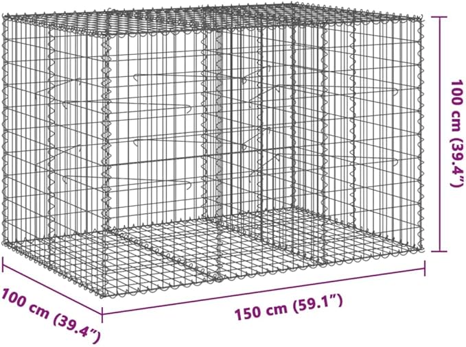 Galvanized Iron Gabion Basket with Cover 59.1x39.4x39.4 Outdoor Metal Planter Box for Raised Garden Bed Landscaping Stone Fence Wall Design