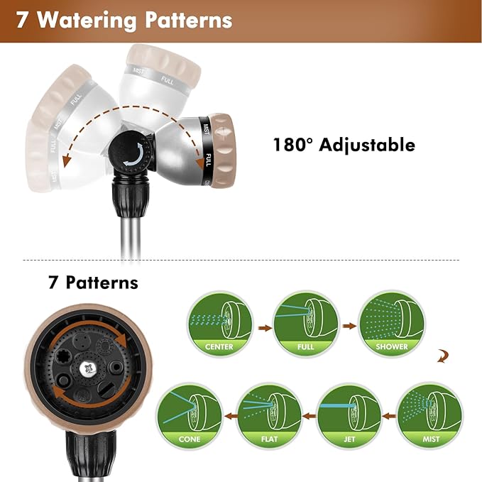 RESTMO Metal Watering Wand Heavy Duty Garden Hose Wand with 180° Swivel Ratcheting Head 16'' Hose Nozzle Sprayer with 7 Spray Patterns and Flow Control for Water Hanging Baskets and Shrubs Gold