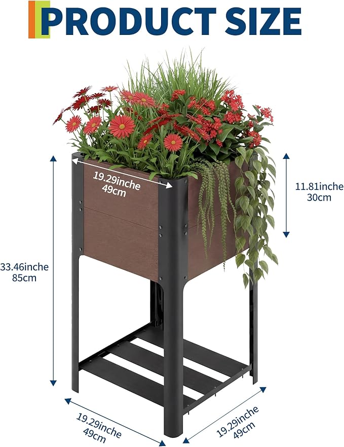 PeakPursuit All-Weather Elevated Garden Bed with Storage Shelf HDPE Wood Grain Planter Box &amp Sturdy Black Aluminum Frame for Vegetables Herbs on Patio Balcony19 l x 33 h