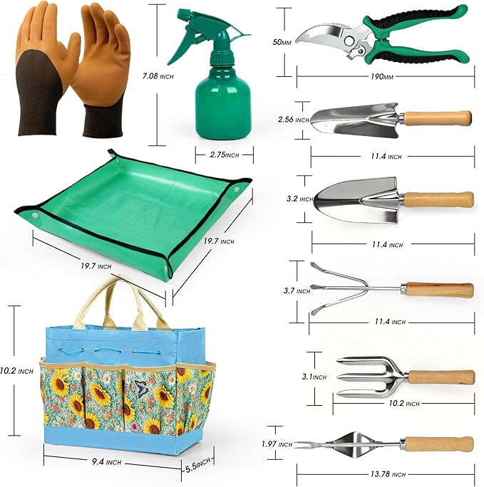 Garden Tool Set 10 PCS Gardening Essentials Stainless Steel Garden Hand Tools with Tote Bag Well-Designed Gardening Supplies Kit Gifts for Women Men Gardeners
