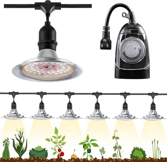 Espird Outdoor LED Grow Light with Timer 6-Bulbs Full Spectrum Grow Light Strip Waterproof Plant Lamps UL Certified String Grow Lights for Greenhouse Garden 21.3FT Light for Veg Seedling Flower