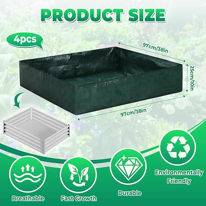 4 Pack 3 x 3 x 0.8 ft Square Fabric Galvanized Raised Garden Bed Liner Raised Garden Bed Liner Bag with Drainage Holes Heavy Duty Planter Pots Gardens Box for Outdoor Vegetables Growth