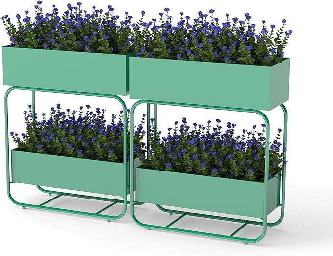 kinbor 2 Tier Elevated Raised Garden Bed Outdoor - Set of 2 Durable Planter Boxes for Vegetables Flowers &amp Herbs (29” Tall Rust-Resistant Steel Green)