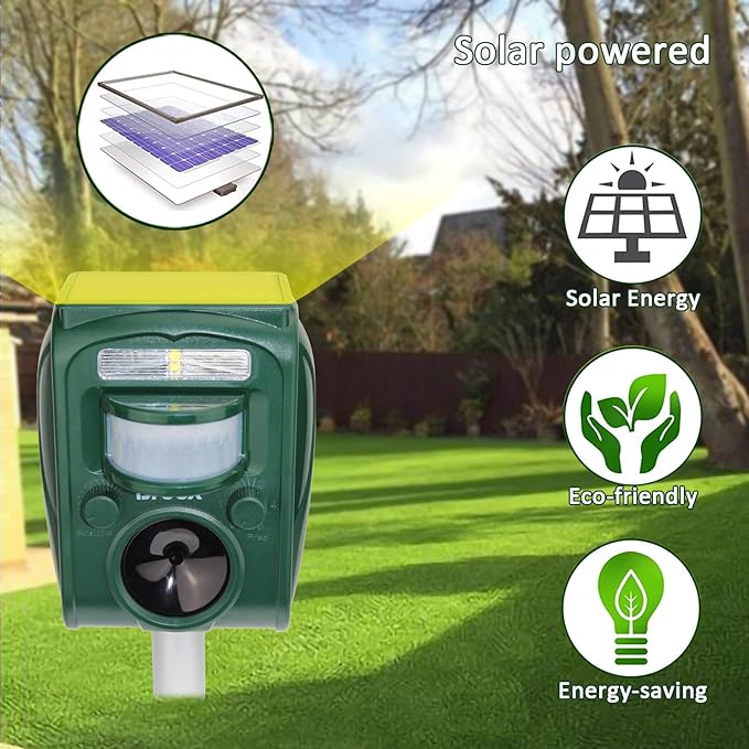 Broox 2026 Upgraded Solar Animal Repellent Cat Repellent Outdoor Squirrel Repellent Deer Repellent Ultrasonic pest Repeller Waterproof IP 65 Motion Detection Dog Raccoon Skunk Rabbit Rodent