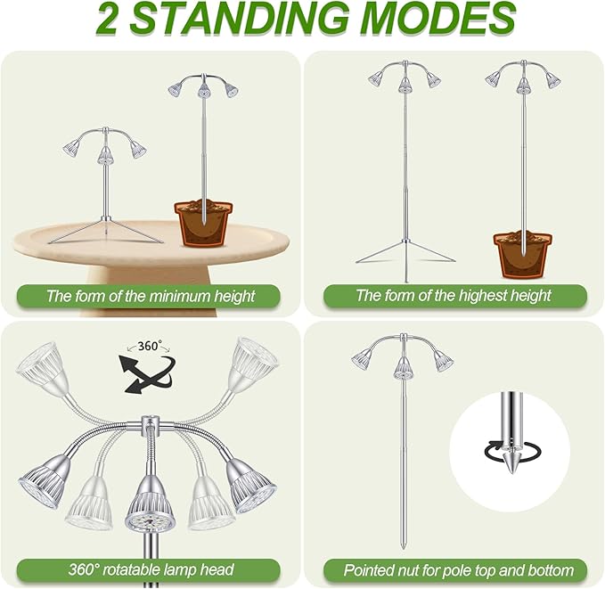 Grow Lights with 3 Heads for Indoor Plants 10-55 Inches Height Adjustable Aluminum Alloy Full Spectrum Plant Growing Lamps with Detachable Tripod Stand Auto On/Off Timer