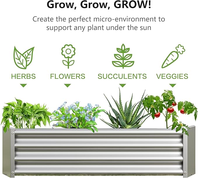 Raised Garden Beds Outdoor for Gardening 4×2×1ft Galvanized Rectangular Plastic Raised Planter Garden Box for Fruit Vegetables Herbs Flowers Growing Bed for Lawn Patio Balcony Silver