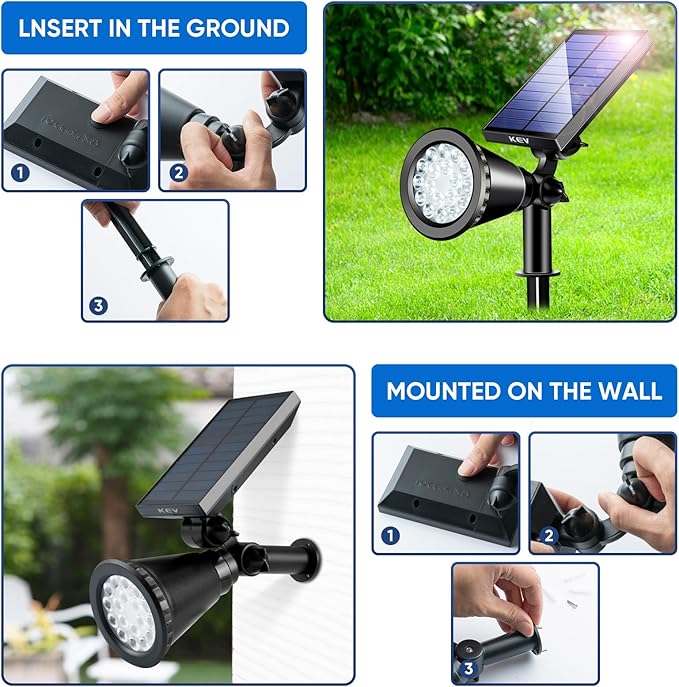 KEV 800 Lumens Solar Spot Lights Outdoor18 LEDs Solar Flood Lights with 2 Modes &ampAdjustable &ampIPX65 WaterproofSolar Spotlight for Driveway/Backyard/Patio Landscape/Tree/Garage(Cool White 4 P