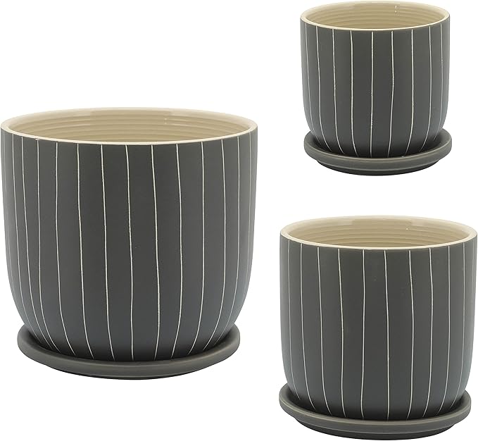 Generic 8 Stripes Planter W Saucer Gray