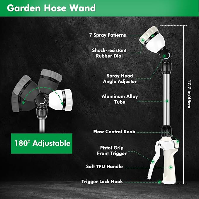 RESTMO Metal Watering Wand Heavy Duty Garden Hose Wand with 180° Swivel Ratcheting Head 16'' Hose Nozzle Sprayer with 7 Spray Patterns and Flow Control for Water Hanging Baskets and Shrubs White