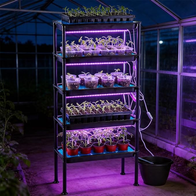 5-Tier Seed Starter Tray Plant Stand with Grow Lights - Hydroponics Growing System Ebb and Flow Seedbeds Siphoning Watering Designed for Nursery Cell Trays Plant Pots