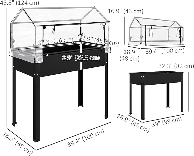 Outsunny Raised Garden Bed with Flip-Up Greenhouse Cover Elevated Planter Box with Legs and Drainage Hole for Vegetables Flowers Herbs 39.4 x 18.9 x 48.8 Black