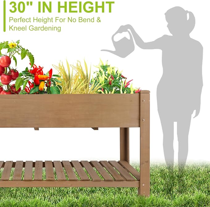 Raised Garden Bed with Legs - Elevated Wooden Planter Box Durable Fir Wood Reinforced Frame with Drainage Holes Liner and Storage Shelf for Vegetables Herbs Flowers 47 x 23 x 30