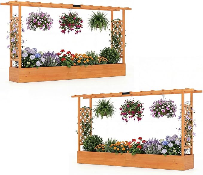 Giantex Wooden Raised Garden Bed with Trellis &amp Hanging Roof 2 Pack Fir Wood Planter Box 45” Freestanding Elevated Garden Bed for Outdoor Climbing Plants Vegetables Flowers Patio &amp Balcony