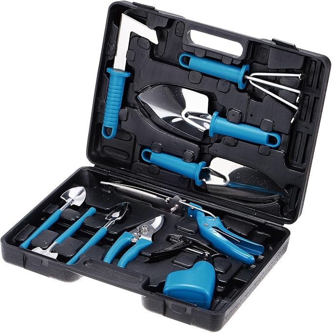 HARFINGTON 1 Set Garden Tool Set 10 Pieces Plastic Gardening Planting Tools Kits with Shovels Rake Scissor Trimmer Water Sprayer and Store Case Blue