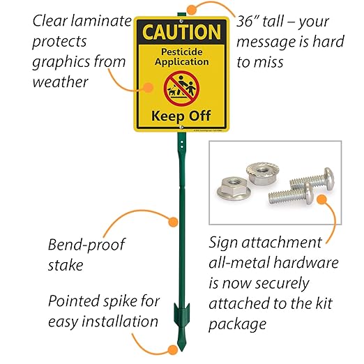 SmartSign 12 x 10 inch “Caution - Pesticide Application Keep Off” LawnBoss Yard Sign with 3 foot Stake 40 mil Laminated Rustproof Aluminum Red Black and Yellow Set of 1 Made in USA