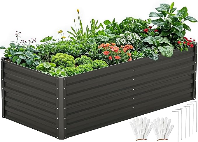 DWVO 6 x 3 x 2 FT Raised Garden Bed Kit Outdoor Galvanized Flower Bed with Gloves Large Metal Planter Box for Vegetables Flowers Herbs Fruits Black