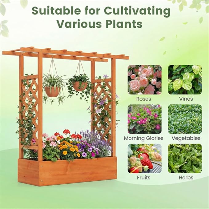 Fir Wood Raised Garden Bed with Side Trellis 109.22×35.56×114.30 cm Planter Box with Drainage Holes-Orange