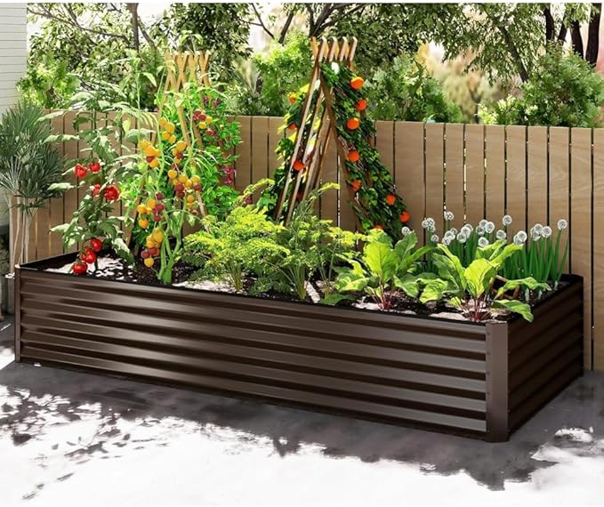 Heavy-Duty Galvanized Steel Raised Garden Bed for Outdoor Vegetable Fruit and Flower Planting – Rust-Resistant Metal Planter Box (Brown - 8x4x1.5 ft)