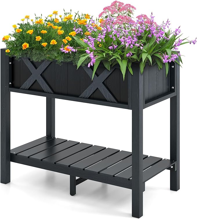 Giantex HIPS Raised Garden Bed Elevated Planter Box w/Legs Storage Shelf Drainage Holes Weather-Proof Standing Raised Beds for Backyard Balcony Flower Vegetable (Black 34 x 18 x 29)