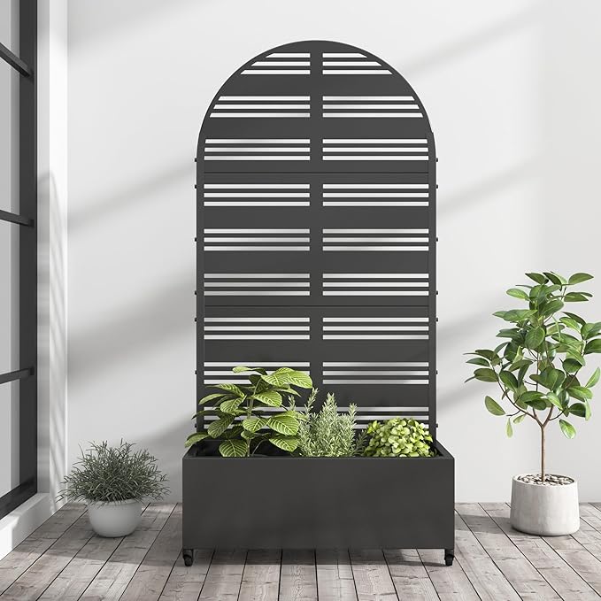 Casaphoria 72x35 Metal Raised Garden Bed with Trellis(2 Pack) Outdoor Planter Box with Wheels &amp Drainage Holes for Climbing Plants Flowers Elevated Garden Kit with Privacy Screen Black-Harol