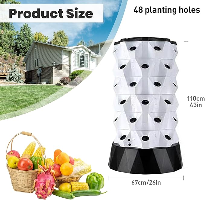 Hydroponic Tower Starter Kit Aeroponic Tower Hydroponics Tower Growing System Kit Vertical Farming Tower with Water Pump for Indoor Outdoor Use(110cm/43in)