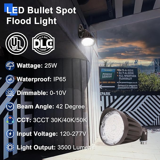 OSTEK 25W LED Bullet Spotlight - 3500LM 3CCT Selectable (3000K/4000K/5000K) 0-10V Dimmable IP65 Landscape Flood Light with Knuckle Mount UL DLC Listed (120-277V) (1-Pack) (12-Pack)