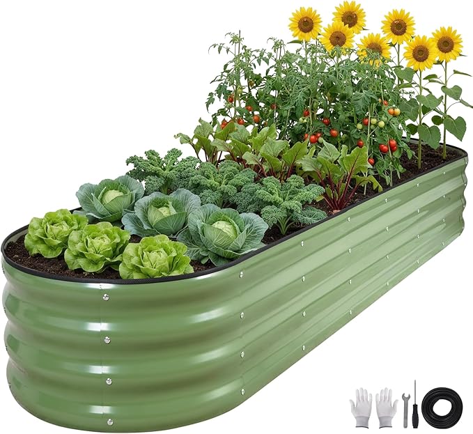 ZORMY Galvanized Raised Garden Bed 1 Pack 8x2x1ft Oval Metal Planter Box Outdoor with Support Rods &amp Corner Protection Planter Beds for Vegetables Fruits Flowers (OliveGreen)