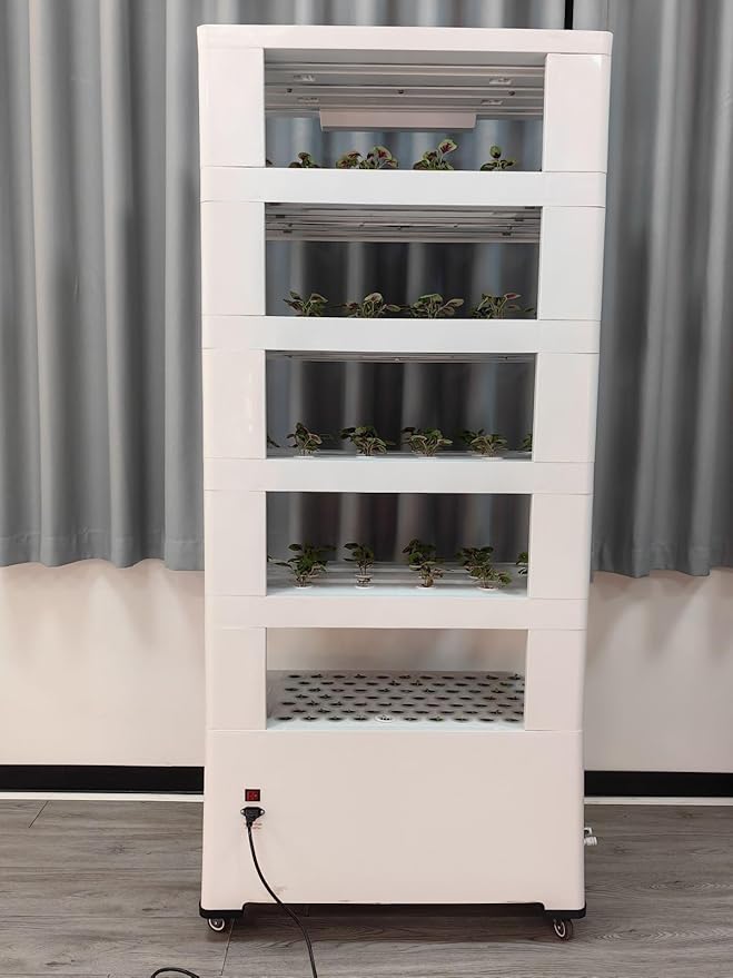 WooRoot Hydroponic Growing System 5-Tier NFT Tower with 148 Pods 100W Full-Spectrum LED Grow Lights Dual Water Reservoirs Smart Timer Control for Indoor Home Education &amp Commercial Growing