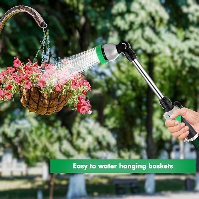 RESTMO Metal Watering Wand Heavy Duty Garden Hose Wand with 180° Swivel Ratcheting Head 16-Inch Hose Nozzle Sprayer with 7 Spray Patterns and Flow Control Ideal to Water Hanging Baskets and Shrubs