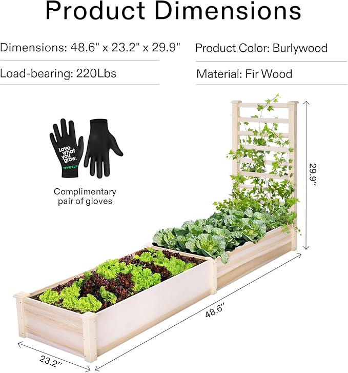 VIVOSUN Wooden Raised Garden Bed 48 x 24 x 30 Inches Outdoor Wood Planter Box with Gloves and a Liner with Trellis for Vine Climbing for Garden Patio Balcony Backyard and Outdoors (Pack of 2)