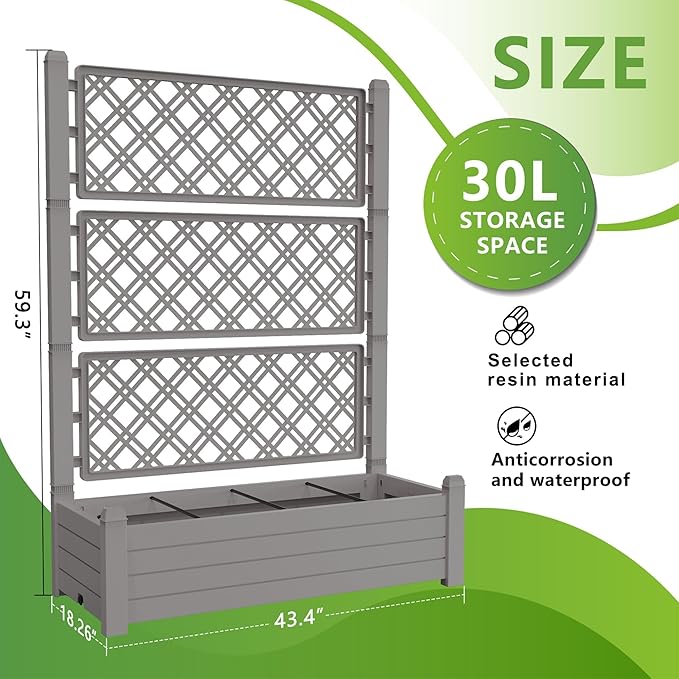 Raised Garden Bed with Trellis for Climbing Plants 43.43 L x 18.27 W x 59.29 H Self Watering Planter Box with Drainage Holes for Outdoor Backyard Patio Balcony Anti-Rust Resin (Grey)