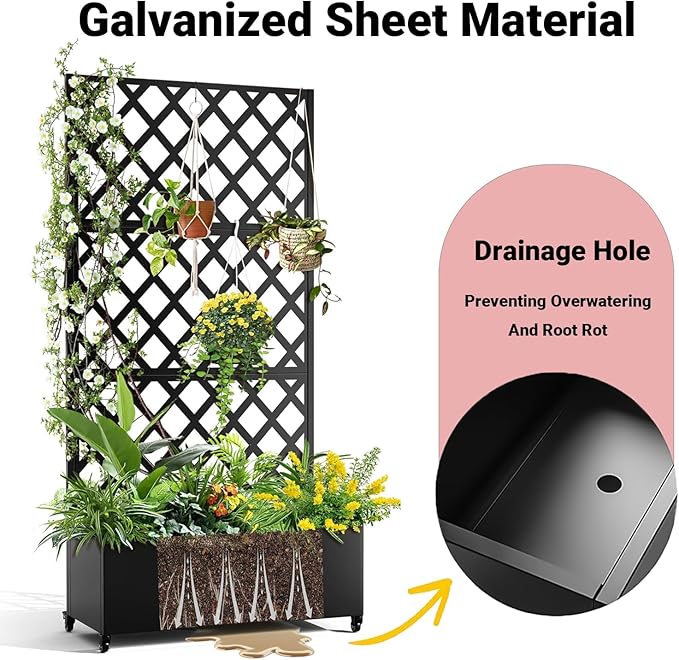 Outdoor Metal Privacy Screen with Trellis &amp Planter Box – 72 x 47 3-Panel Raised Garden Bed on Wheels with Drainage Patio Divider for Climbing Plants &amp Vegetables Black Wheeled - Diagonal