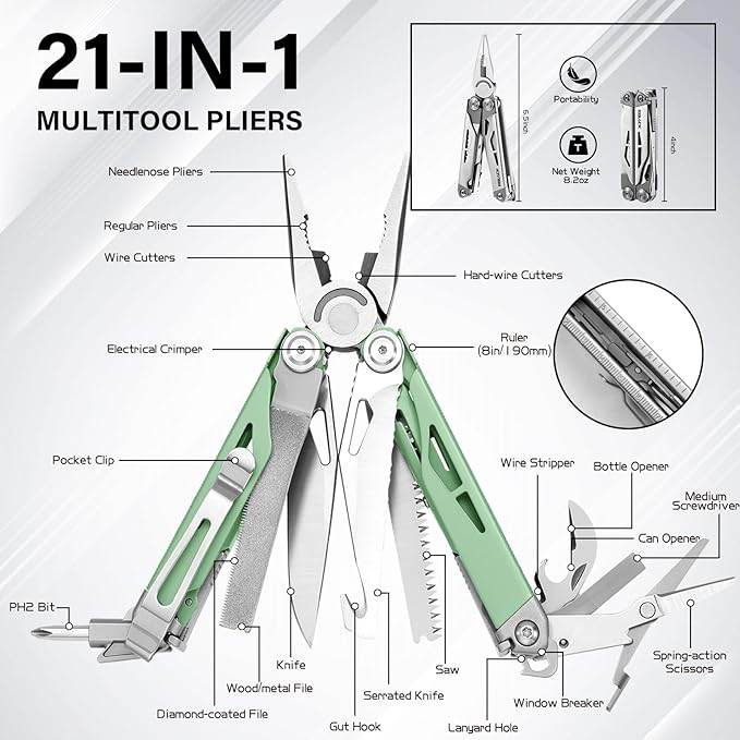 Multitool 21-in-1 Multi Tool Pliers with Safety Locking and Spring-Action Scissors Heavy-duty Stainless Steel Multi-tool Set with Nylon Sheath for Work Home Garden DIY &amp Auto Mint Green