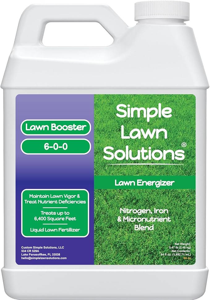Commercial Grade Lawn Fertilizer with Iron- Liquid Fertilizer Spray- Nitrogen and Iron for Deeper Green Turf- Any Grass Type - Simple Lawn Solutions - Lawn Energizer (64 Ounce)