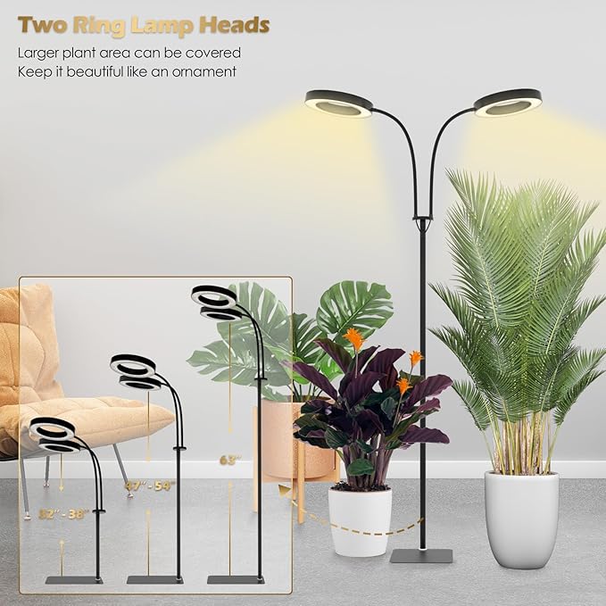 GLOWRIUM Grow Lights for Indoor Plants Full Spectrum LED Grow Light Floor Lamp with Stand Adjustable Height and Angle Black Plant Light with 3/9/12H Grow Light Timer (Black 36W)