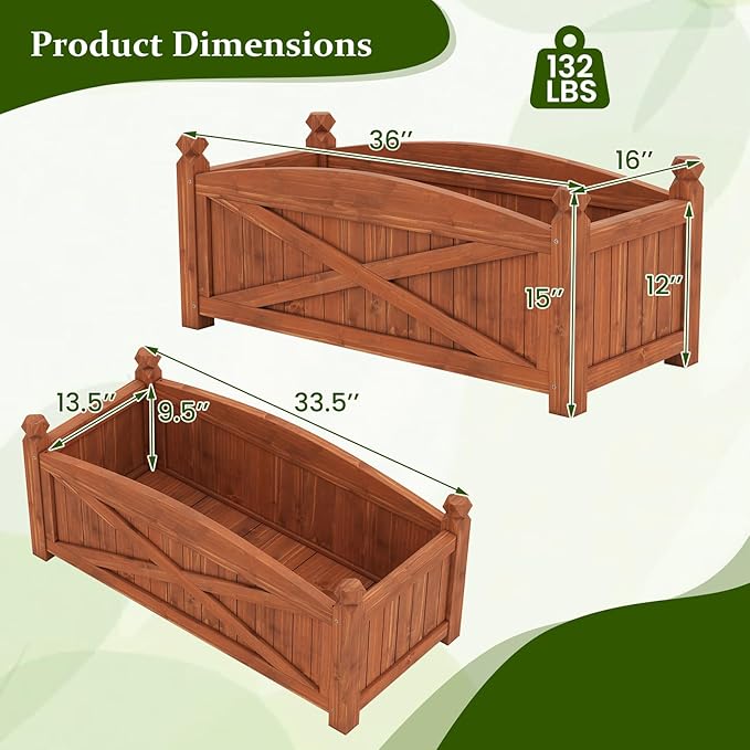 Raised Garden Bed Set of 2 36 L x 16W x 15H Wooden Garden Bed Outdoor w/Placed Drainage Holes &amp Removable Base Panels Rectangular Planter Box for Vegetables Flower Herb Fruit