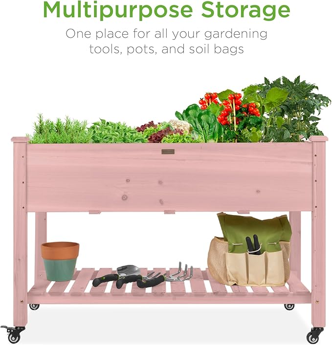 Best Choice Products Raised Garden Bed 48x24x32-inch Mobile Elevated Wood Planter w/Lockable Wheels Storage Shelf Protective Liner - Pink
