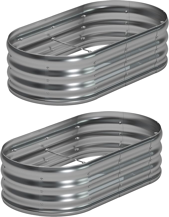 4x2x1ft(2 Pack) Galvanized Oval Raised Garden BedOutdoor Planter Box Metal Patio Kit Planting Bed for Vegetables Flowers HerbSilver