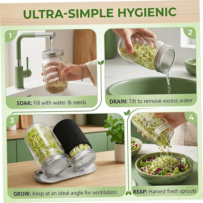 Sprouting Jar Kit Complete Seed Sprouting Jar Kit with Stainless Steel Stand &amp Drip Tray Easy Home Sprout for Microgreens Beans Broccoli