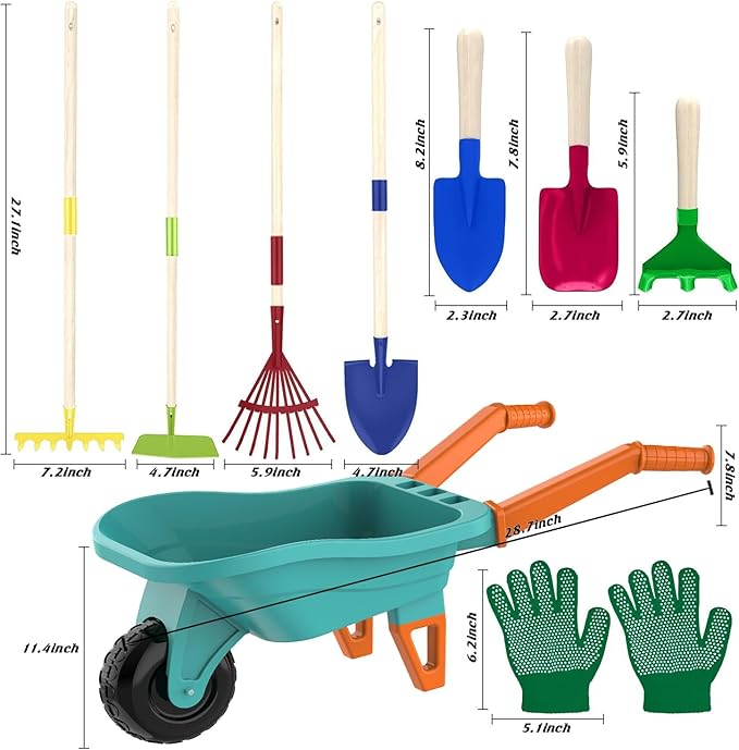 Kids Gardening Set with Wheelbarrow Real Metal Garden Tools for Kids Ages 3-8 4 Long Handle Tools 3 Hand Tool Gloves 5 Stickers Handbook Outdoor Backyard Toys for Toddler Gift