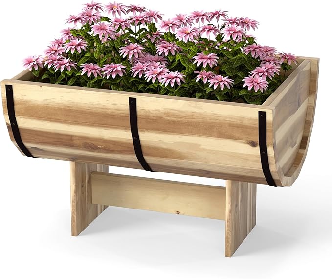 Giantex Half Barrel Raised Garden Bed Acacia Wood Planter Box for Flower Vegetable Fruit Outdoor Indoor Plant Pot with Legs for Garden Decoration18x12x11.5