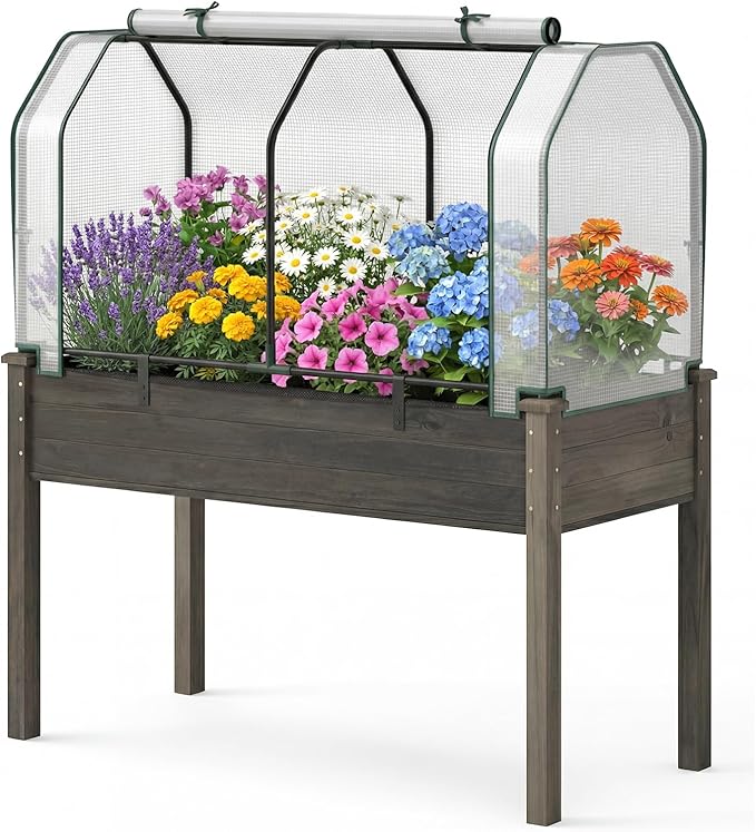 Giantex Raised Garden Bed with Mini Greenhouse w/Dual Zipper Door 48”x22”x54” Planter with Green House for Patio Lawn Garden Easy Assembly (Gray &amp White)