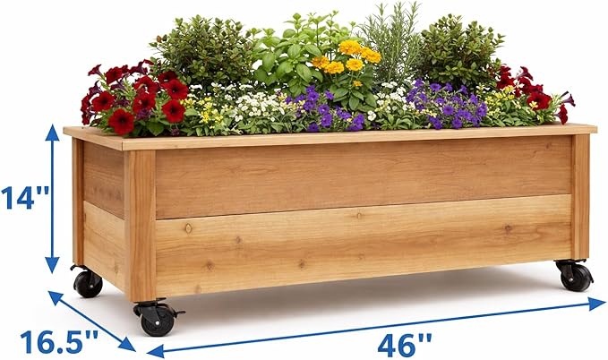 Cedar Raised Garden Bed Planter Box with Caster Wheels – Rolling Wooden Planter for Patio Balcony &amp Outdoor Spaces – Made in USA