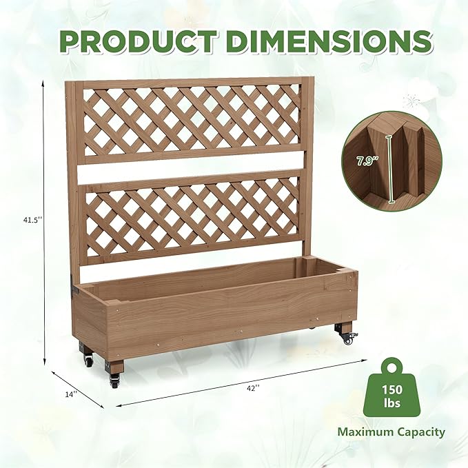 Raised Garden Bed with Wheels Outdoor Large Garden Planter Box Tomato Flower Pots with Standing Diamond Lattice Trellis for Vegetables Vines Herbs Fruits &amp Climbing Plants (Grid Upright Trellis)