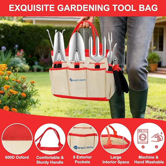 Yesker Gardening Tools 9-Piece Heavy Duty Garden Tool Set Gardening Supplies Gifts for Women Men Gardening Hand Tool Kit with Non-Slip Ergonomic Handle Garden Bag Durable Gloves Pruning Shears Red