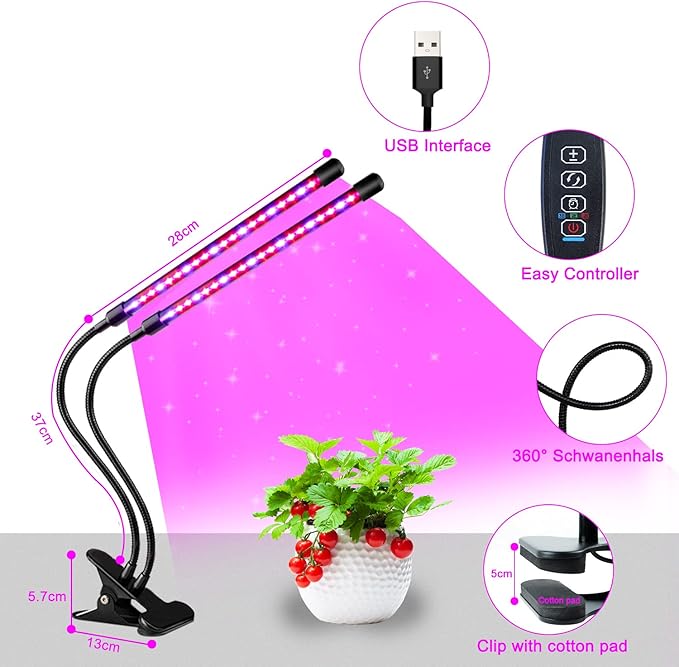 Grow Lights for Indoor Plants Full Spectrum LED Plant Lamps with Clips and 3m Cables for Seeding Growing(2 Pack)