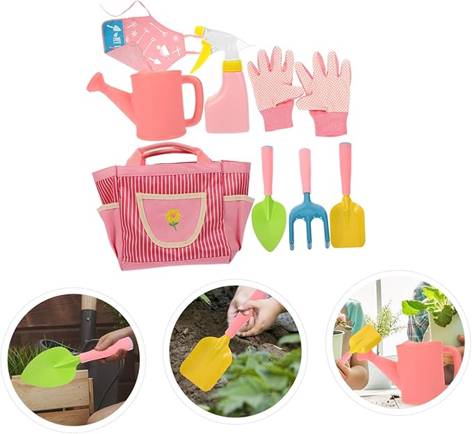 1set Boys and Girls Gardening Tools Set Garden Tool Kit Watering Can Gloves Rake Shovel and Apron for Boys and Girls for and Learning
