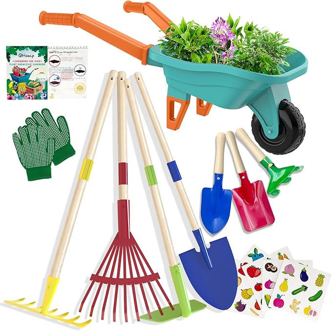 Kids Gardening Set with Wheelbarrow Real Metal Garden Tools for Kids Ages 3-8 4 Long Handle Tools 3 Hand Tool Gloves 5 Stickers Handbook Outdoor Backyard Toys for Toddler Gift