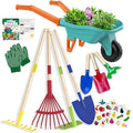 Kids Gardening Set with Wheelbarrow Real Metal Garden Tools for Kids Ages 3-8 4 Long Handle Tools 3 Hand Tool Gloves 5 Stickers Handbook Outdoor Backyard Toys for Toddler Gift