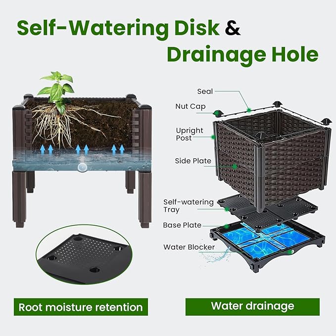 3Pcs Plastic Raised Garden Bed46.8×15.6×14.4 Elevated Wicker Planter Box with Self-Watering System Plants Garden Boxes with Legs for Growing Fresh VegetablesFruitFlowers and Herbs